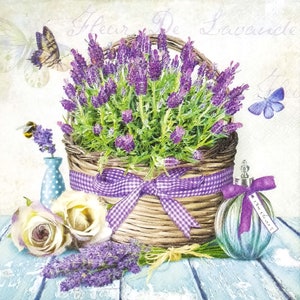 T529 # 3 Stück Einzelpapierservietten für Decoupage, Bastelgewebe, lila Lavendelblumentopf, Weidenkorb mit Parfümflasche, Schmetterling