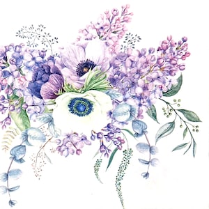U284# 3 stuks enkele papieren servetten voor decoupage, knutselpapier, paars-witte anemoon windbloem bloemen boeket op wit