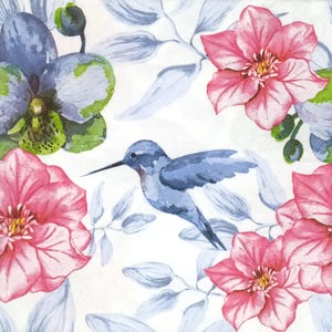 M087# 3 pezzi di tovaglioli di carta singoli per decoupage, fazzoletti artigianali, colibrì blu uccelli fiori rosa orchidee