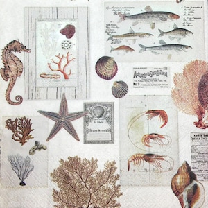 M520# 3 stuks enkele papieren servetten voor decoupage, knutselpapier, beige collage van zeefoto's zeepaardje mossel koraal zeesterren