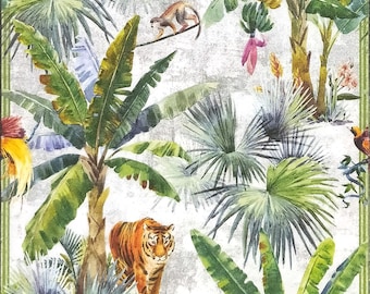 Q677# 3 Pieces Of Single Paper Napkins for Decoupage, Craft Tissue, Tiger, Parrot, Monkey, Exotic Birds Jungle Pattern