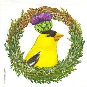 R315# 3 serviettes en papier pour découpage, papiers peints, chardonneret jaune peint, oiseau jaune et fleurs de chardon, couronnes