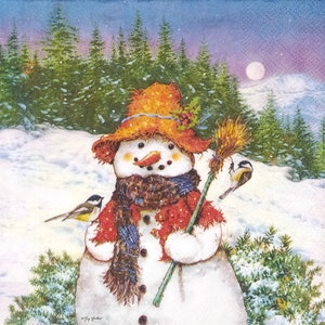 Q750# 3 Pieces Of Single Paper Napkins for Decoupage, Craft Tissue, Funny Snowman With Orange Hat Holding Broom And Little Birds Near Forest