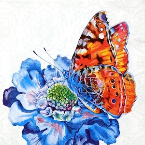 U323 # 3 Stück Einzel - Papierservietten für Decoupage, Basteltücher, Blaue Blume Blüte Mit Großem Orangen Schmetterling