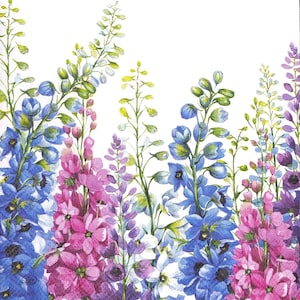 S205 # 3 Stück KLEINE Einzel Papierservietten für Decoupage Cocktail Größe, Bastelpapier, Pink Blau Delphinium Gemalte Blumenwiese
