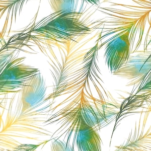 R155 n° 3 serviettes en papier pour découpage, papier de soie artisanal, motif plumes de paon peintes en brun vert sur fond blanc