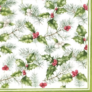 P290# 3 Pieces Of Single Paper Napkins for Decoupage, Craft Tissue, Christmas Holly Berry And Pine Pattern