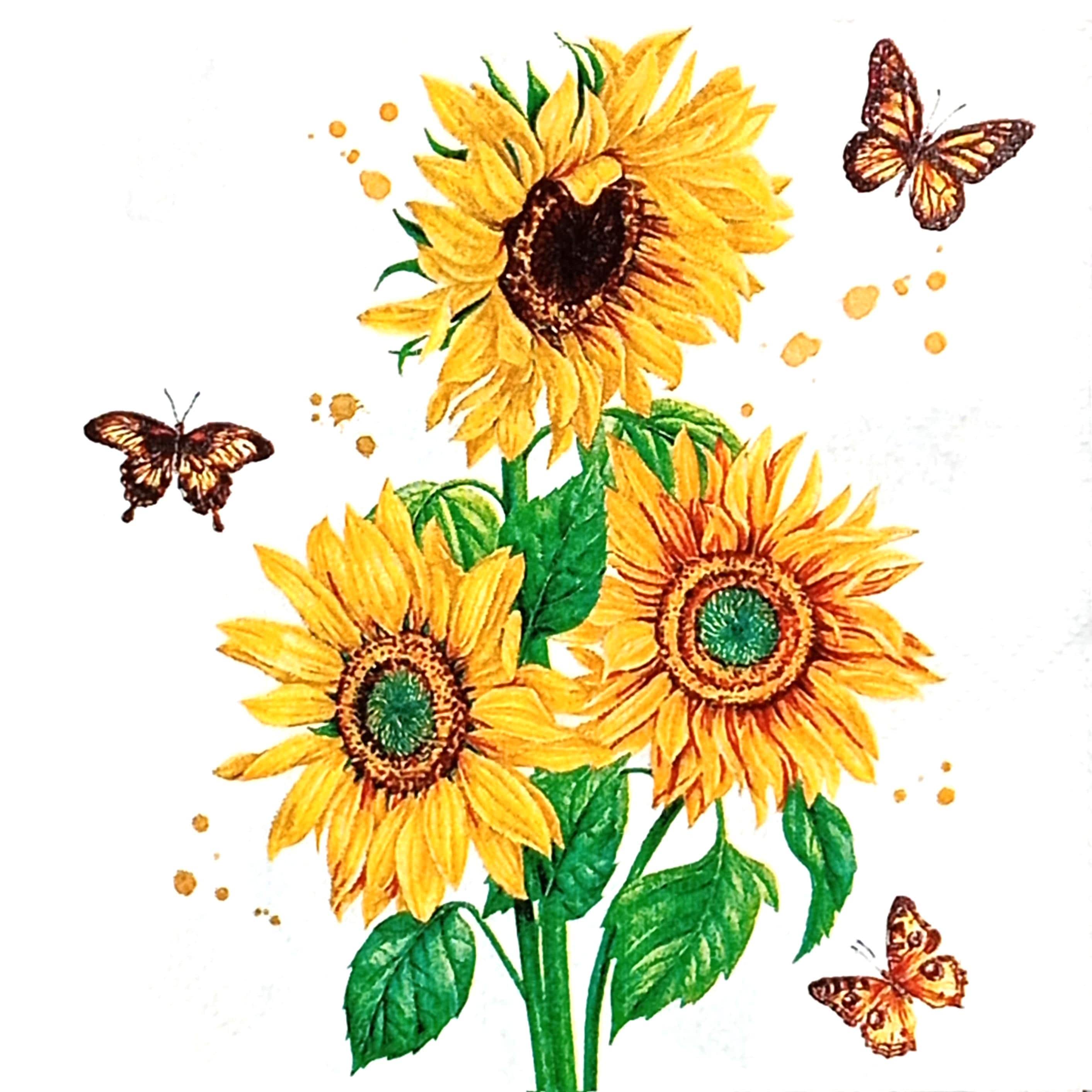 Z210# 3 Pieces Of SMALL Single Paper Napkins for Decoupage Cocktail Size, Craft Tissue, Yellow Sunflower Flowers With Butterfly On White