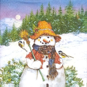 S531# 3 pezzi di PICCOLI tovaglioli di carta singoli per decoupage, carta velina formato cocktail, pupazzo di neve con cappello, sciarpa e scopa con uccellini
