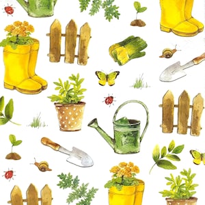 T855# 3 pezzi di tovaglioli di carta singoli per decoupage, fazzoletti artigianali, attrezzi da giardiniere, secchio, recinto, fiori, stivali, lumache, motivo coccinella