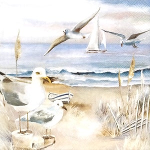 T393# 3 pezzi di tovaglioli di carta singoli per decoupage, carta velina, gabbiani sulla spiaggia e barca a vela nel mare