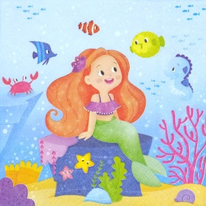 T442# 3 pezzi di tovaglioli di carta singoli per decoupage, carta velina, sirenetta seduta su una pietra con pesce, cavalluccio marino, stelle marine