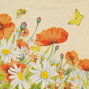 R482# 3 pezzi di tovaglioli singoli di carta riciclata per decoupage, carta velina, motivo a prato con papaveri rossi e margherite bianche su beige