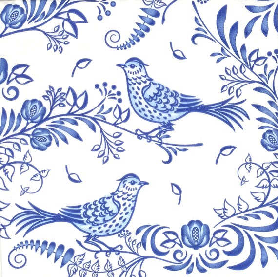 P027 # 3 Stück Servietten einzeln für Decoupage, Bastelgewebe, mit blauen Blumen und Vögeln auf weißem Hintergrund