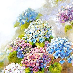 U265# 3 pezzi di tovaglioli di carta singoli per decoupage, fazzoletti artigianali, motivo a cespuglio con fiori di ortensia blu rosa e bianchi