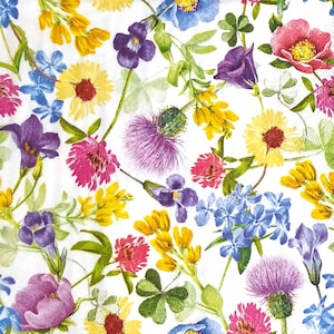 Z042# 3 pezzi di PICCOLI tovaglioli di carta singoli per decoupage, tessuto artigianale formato cocktail, mini fiori rosa gialli blu viola motivo prato
