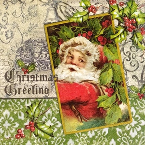 Q549# 3 Pieces Of Single Paper Napkins for Decoupage, Craft Tissue, Santa Claus Head Vintage Picture On Christmas Background