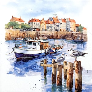 U227# 3 serviettes en papier pour découpage, papier peint artisanal, ville côtière avec port de plaisance et mouettes sur souche