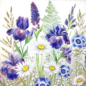 M217# 3 piezas de servilletas de papel individuales para decoupage, pañuelos de papel para manualidades, flores silvestres dobladas de iris azul y margaritas en prado