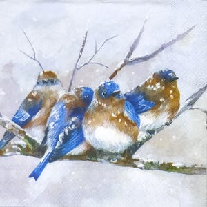 Z143 # 3 petites serviettes en papier pour découpage, papier peint artisanal, martin-pêcheur bleu sur une branche gelée dans la neige hivernale