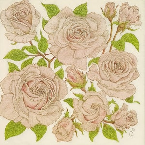 R366# 3 pièces de serviettes en papier pour découpage, papier de soie artisanal, motif fleurs roses peintes sur fond beige