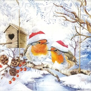 T802 # 3 Stück Einzelne Papierservietten für Decoupage, Taschentuch, Zwei Winter-Rotkehlchen-Vogel-Paare Mit Weihnachtsmütze Auf Zweig Mit Roten Beeren