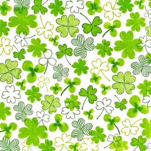 May include: A repeating pattern on a white background featuring various green shamrocks and four-leaf clovers. The design includes solid green shapes, outlined white shapes, and clovers filled with fine green diagonal line textures.