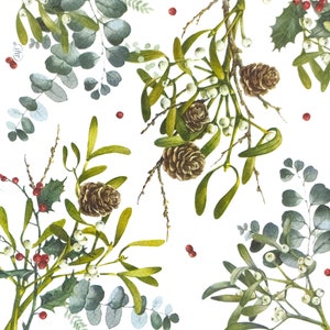 T017# 3 pezzi di tovaglioli di carta singoli per decoupage, fazzoletti artigianali, foglie di bacche di vischio natalizio, eucalipto, motivo a cono di larice su bianco