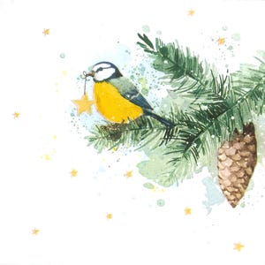 T987# 3 Pieces Of Single Paper Napkins for Decoupage, Craft Tissue, Titmouse Bird Holding Star And Spruce Twig With Cone On White Background