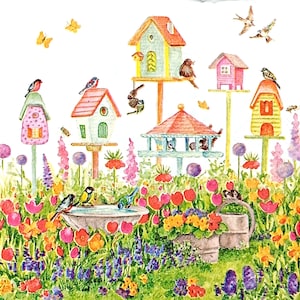 Z206# 3 pezzi di tovaglioli di carta singoli PICCOLI per decoupage, formato cocktail in carta velina, casette primaverili con uccellini e fiori di prato