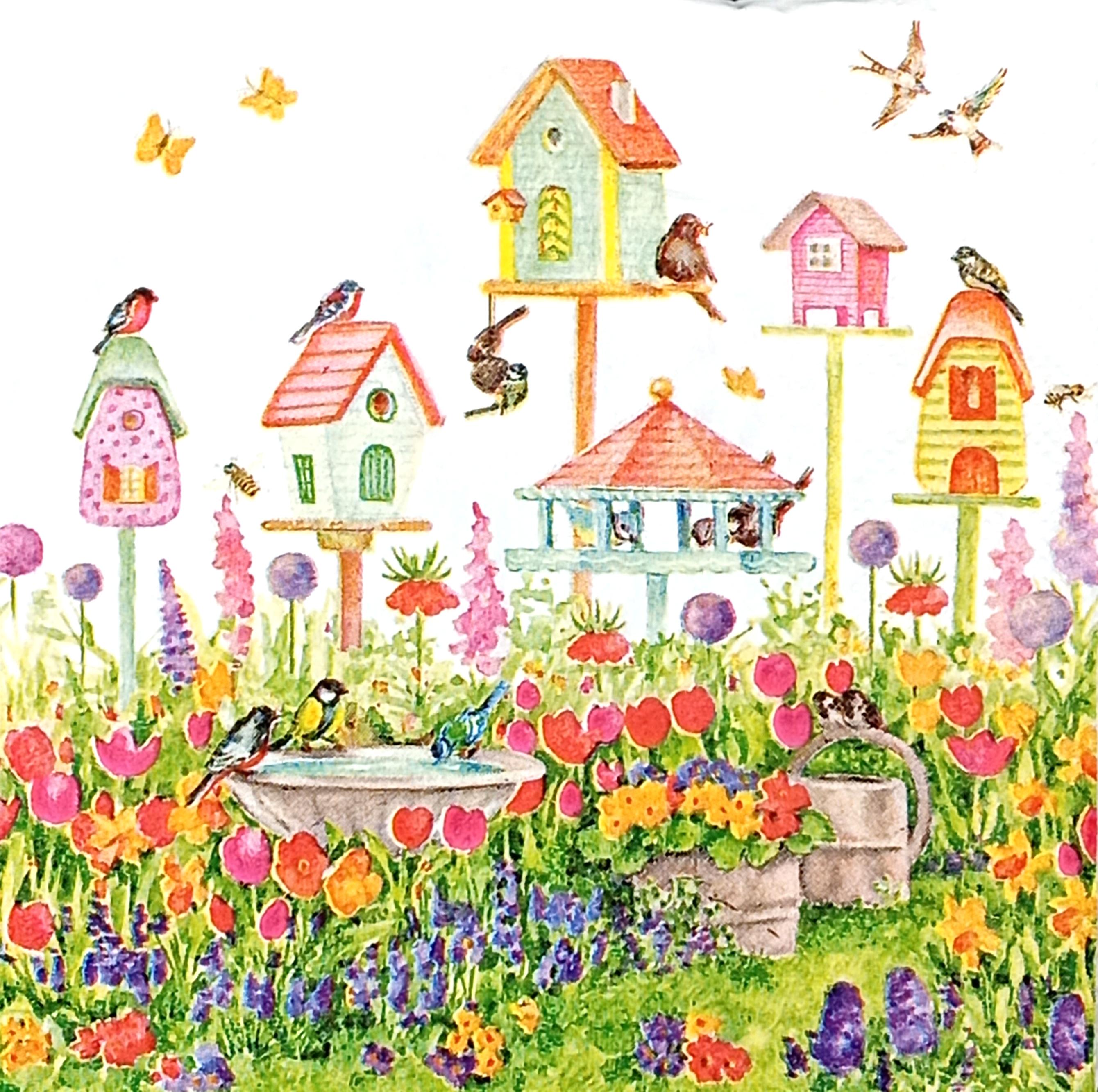 Z206# 3 servilletas de papel pequeñas individuales para decoupage, tamaño cóctel, cajas nido de primavera, casas, flores, prados, pájaros