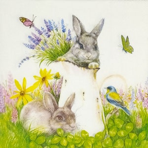 P788# 3 pedaços de guardanapos de papel individuais para decoupage, tecido artesanal, dois coelhos fofos com jarra na grama com flor
