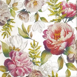 Z043# 3 pezzi di PICCOLI tovaglioli di carta singoli per decoupage formato cocktail, tessuto artigianale, motivo vintage rosa rosa peonia fiori su bianco