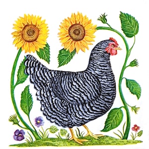 Z189# 3 pezzi di PICCOLI tovaglioli di carta singoli per decoupage, veli artigianali formato cocktail, pollo maculato bianco e nero con girasoli
