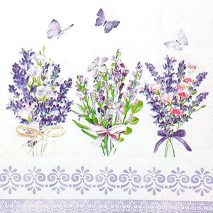 U282# 3 stuks enkele papieren servetten voor decoupage, knutselpapier, drie trossen paarse lavendelbloemen met ornamentrand op wit