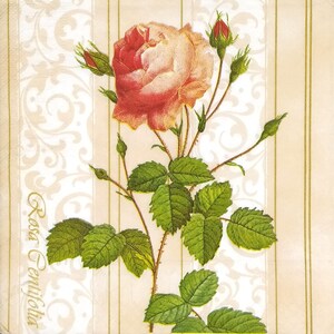 M362 # 3 serviettes en papier pour découpage, papier de soie artisanal, brindille de roses de jardin rouges et rayures beiges