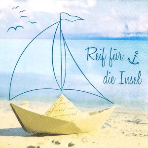 R373 # 3 Stück einzelne Papierservietten für Decoupage, Basteltücher, Papierschiffchen mit Schiffsmotiv und Schiff am Meeresufer