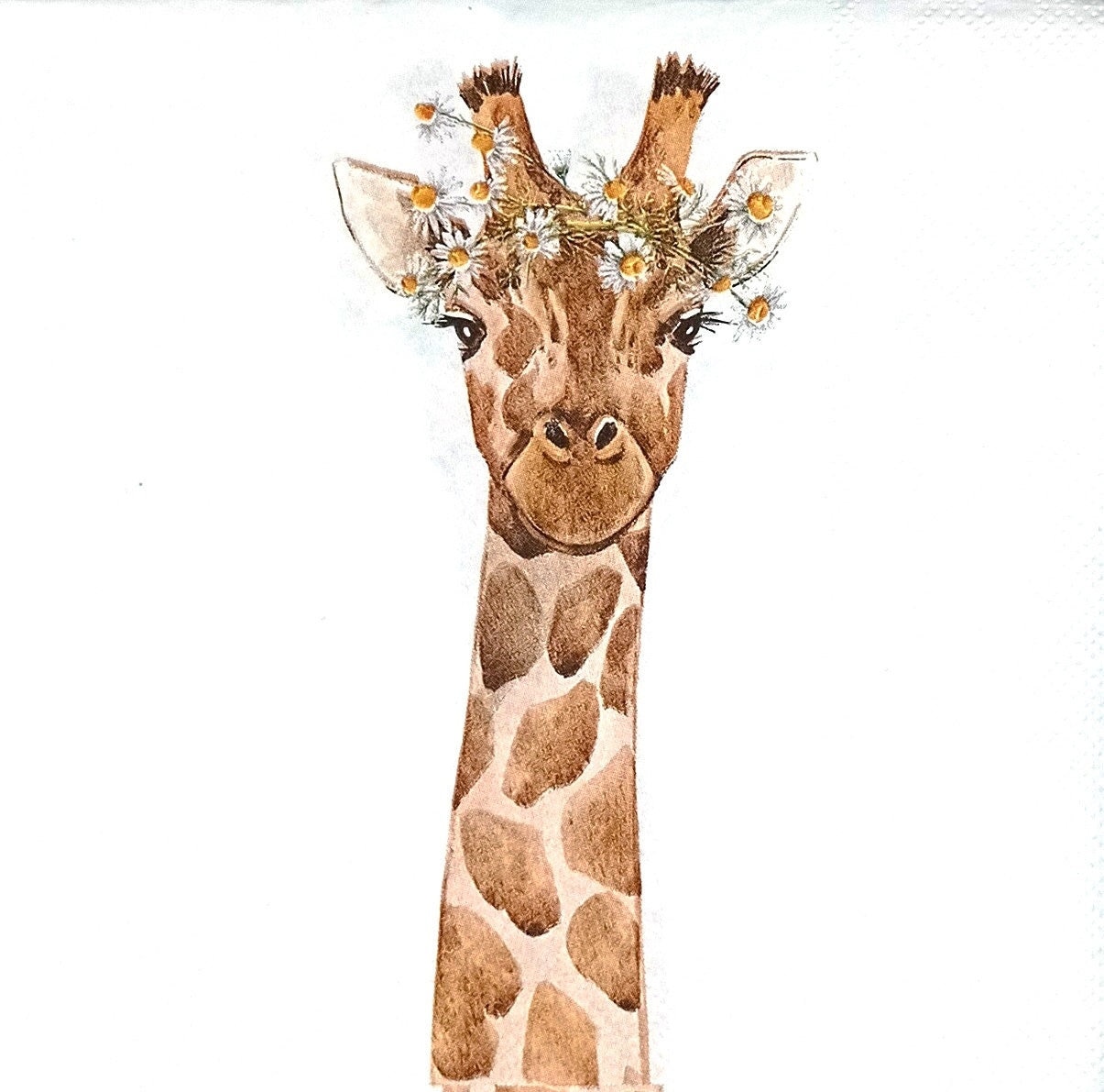 R733# 3 Pieces Of Single Paper Napkins for Decoupage, Craft Tissue, Giraffe Head With Daisy Flowers Wreath On White