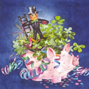 R994# 3 pezzi di tovaglioli di carta singoli per decoupage, veline artigianali, spazzacamino con trifogli portafortuna che crescono da maiale rosa su blu scuro