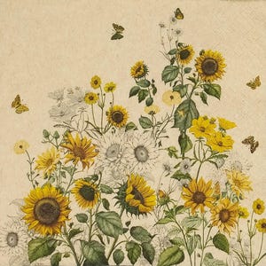 T883# 3 piezas de servilletas de papel reciclado individuales para decoupage, papel de seda para manualidades, flores de girasol y margaritas amarillas con mariposas en papel kraft