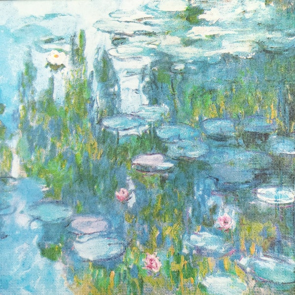 N761 # 3 serviettes en papier pour découpage, papier de soie artisanal, peinture bleu sarcelle étang de nénuphars Monet