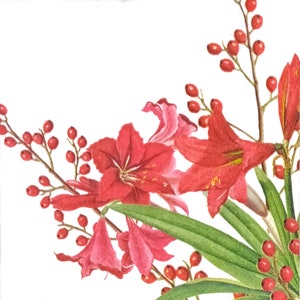 S470# 3 Pieces Of SMALL Single Paper Napkins for Decoupage, Craft Tissue Cocktail Size, Red Christmas Amaryllis Flowers Red Berries Corner