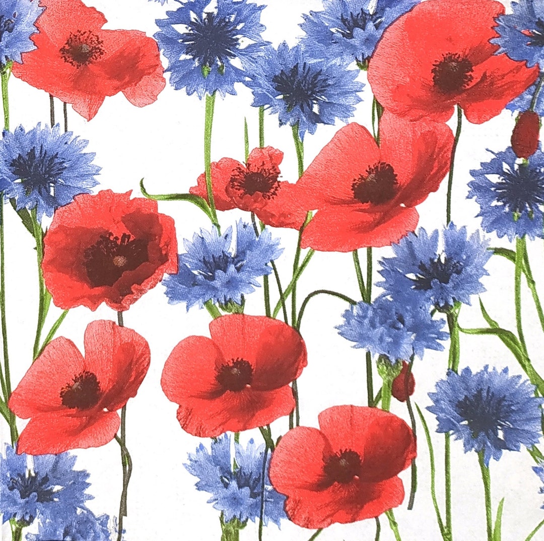 Q841 3 Pieces of Single Paper Napkins for Decoupage, Craft Tissue, Red Poppies and Blue