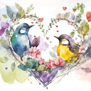 T061# 3 pezzi di tovaglioli di carta singoli per decoupage, fazzoletti artigianali, ghirlanda di fiori a forma di cuore primaverile e due uccellini innamorati su bianco