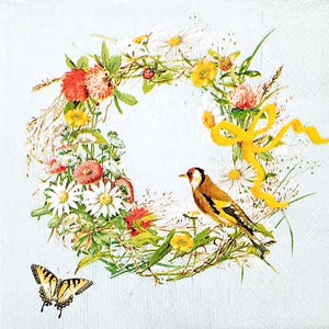 U236# 3 pezzi di tovaglioli di carta singoli per decoupage, fazzoletti artigianali, ghirlanda di fiori di prato primaverile con uccello e farfalla