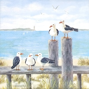 T067# 3 pezzi di tovaglioli di carta singoli per decoupage, fazzoletti artigianali, gabbiano su ceppo e recinzione su sabbia con erba spiaggia costiera