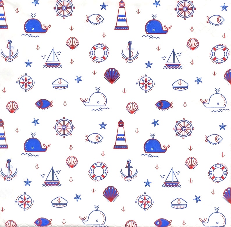 Q183 3 Pieces Of Single Paper Napkins for Decoupage, Craft Tissue, Sea Items Pattern With Ship Wheels, Anchors, Lighthouse, Whale, Fish image 1