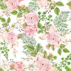 R336# 3 servilletas de papel individuales para decoupage, papel de seda, diseño de rosas rosas y hojas verdes sobre fondo blanco