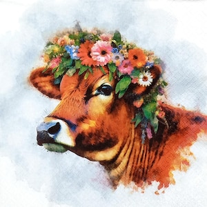 U348# 3 pezzi di tovaglioli di carta singoli per decoupage, carta velina, testa di mucca dipinta di marrone con ghirlanda di fiori