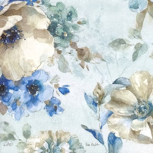 S723# 3 pezzi di PICCOLI tovaglioli di carta singoli per decoupage, fazzoletti artigianali, motivo floreale dipinto in blu beige pastello